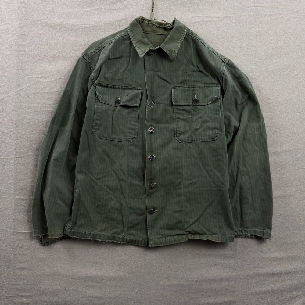 US Military HBT Utility Shirt L Olive Green 40s WWII 13-Star Button Distressed